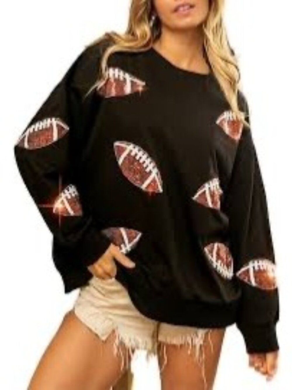 Unbranded Sequin Football Long Sleeve Cotton Blend Long Sleeve Over Sized Top M